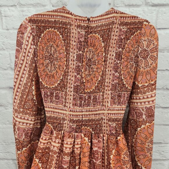 Bohme Kinsley Printed Smocked Tiered Long Sleeve Boho Midi Dress Women's Small - Picture 10 of 16